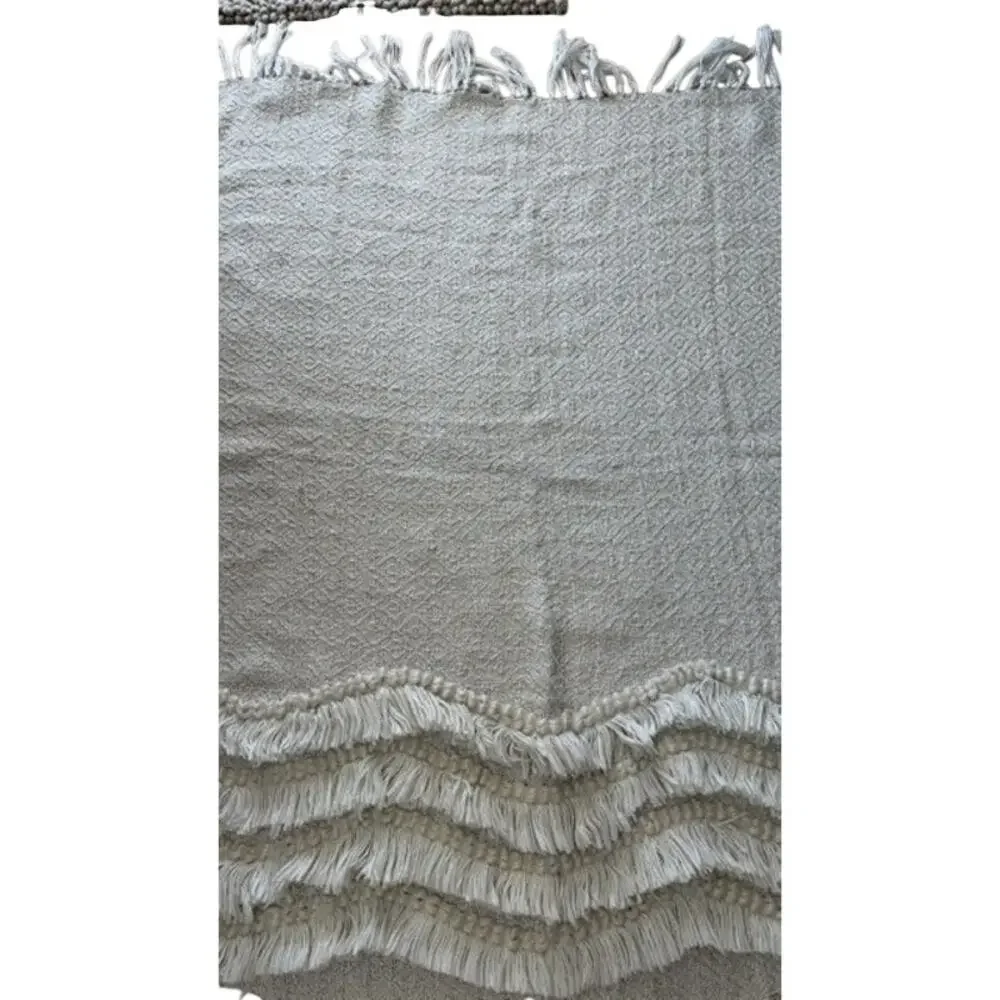 Rachel Zoe Home Throw Blanket Cream Beige Woven Fringe Tassel Boho Textured
